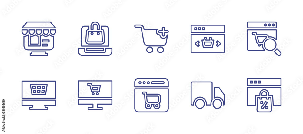 E-Commerce line icon set. Editable stroke. Vector illustration. Containing ecommerce, laptop, cart, online shopping, searching, shopping online, online shop, car.