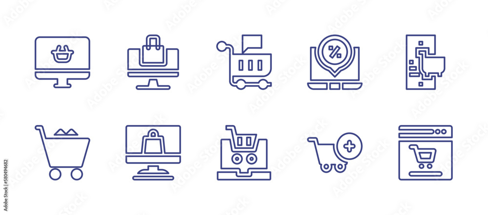 E-Commerce line icon set. Editable stroke. Vector illustration. Containing ecommerce, online shopping, laptop, buying, shopping cart, add cart.