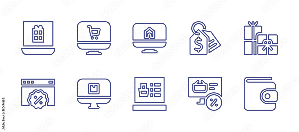 E-Commerce line icon set. Editable stroke. Vector illustration. Containing ecommerce, computer, price tag, gift box, web, online shopping, wallet.