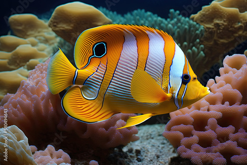 Beautiful fish on the seafloor and coral reefs are the copperband butterflyfish and chelmon rostratus marine species, generative AI photo