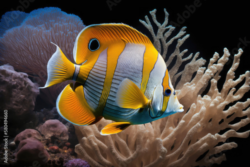 Beautiful fish on the seafloor and coral reefs are the copperband butterflyfish and chelmon rostratus marine species, generative AI photo