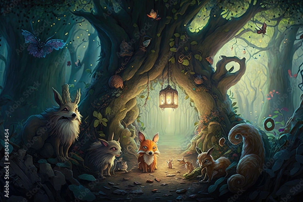The enchanted forest. A magical forest filled with talking animals, mischievous fairies and hidden treasures. Generative AI