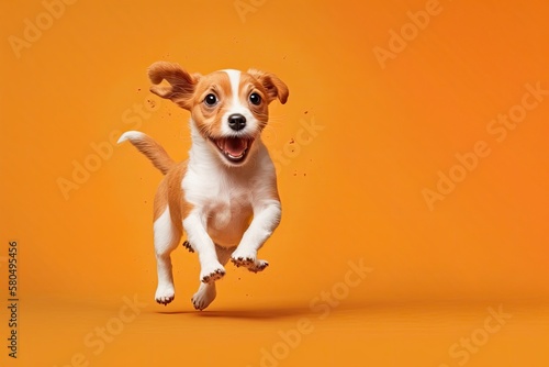 Cute and little dog running orange studio background with a goal and a sense of inspiration, waited. The idea of action, motion, goals, and the love of pets. Looks delighted, funny. Ad space for copy