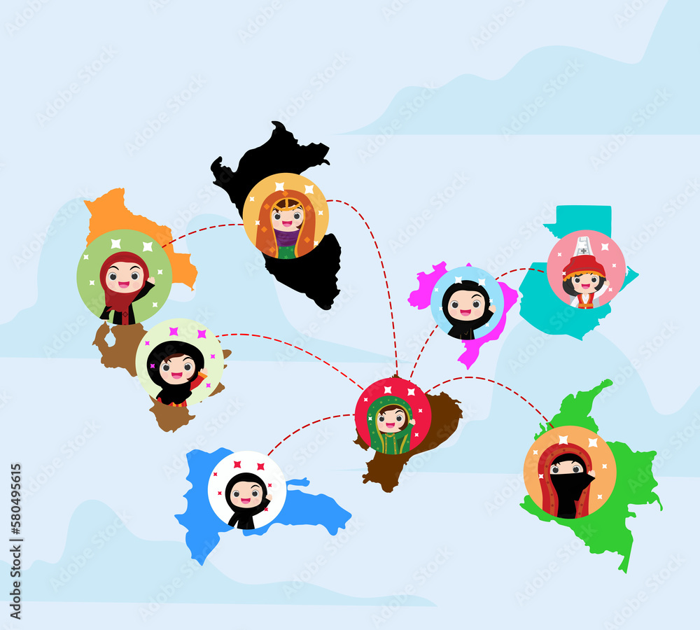 Naklejka premium people national in map with Traditional Costume and Tourist: Vector Illustration