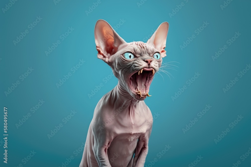 Funny sphynx cat licking its lips because it is hungry. Isolated against a soft blue background. Generative AI