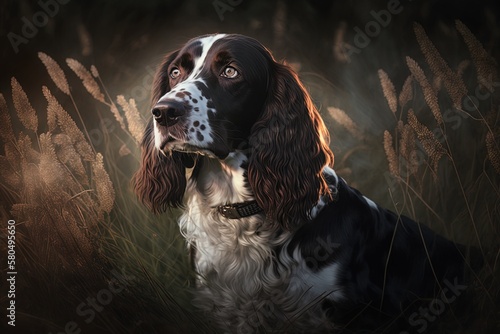 An outdoor evening photograph of a black Welch Springer Spaniel Generative AI photo