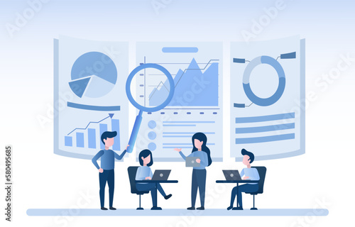 Teamwork analysis concept. Businessman meeting and information brainstorming. Online dashboard project sharing data. Vector illustration.