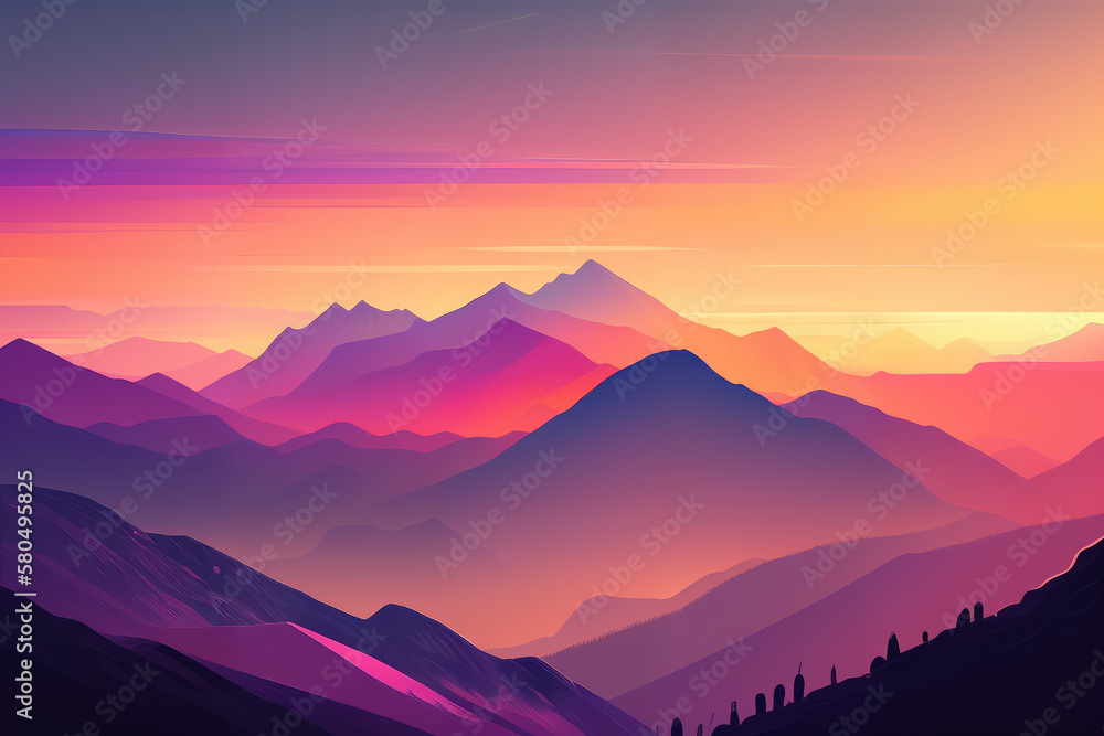 Obraz premium Pastel gradient mountain range at sunset, with hues of lilac, peach, and buttercup yellow, creating a stunning landscape, generative ai