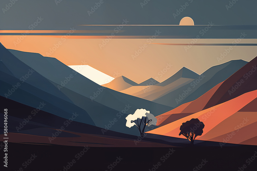 Fototapeta premium Minimalist landscape with bold lines and muted colors, generative ai