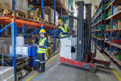 Store clerks inspect products, warehouses, industrial and logistics supply chains. 