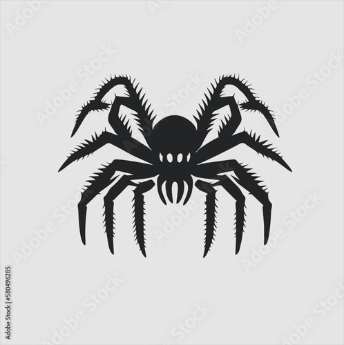 Black insect spider silhouette, isolated gray background. Scary spider icon, scary dangerous insect, arachnophobia fear. Vector illustration