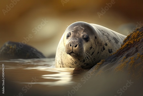 Earless mark. Seal. Seals taking a break on a rock in the water. Scotland. Lock in the fall, summer, and spring seasons. Get close. By the water. By the sea. Natural Habitat. Phocidae. Generative AI © AkuAku