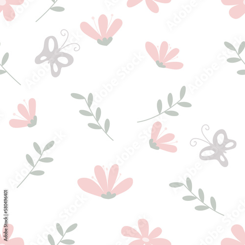 Seamless pattern with pink flowers and butterflies on white background.