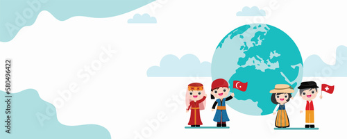 kid national from all around world standing on globe  representatives waving  isolated vector illustration.
