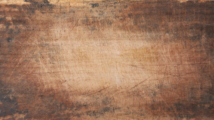 wooden chopping board background, old distressed scratched brown color surface for photography backdrop with natural vignette, copy space