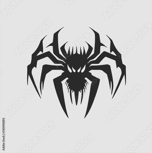 Black insect spider silhouette, isolated gray background. Scary spider icon, scary dangerous insect, arachnophobia fear. Vector illustration