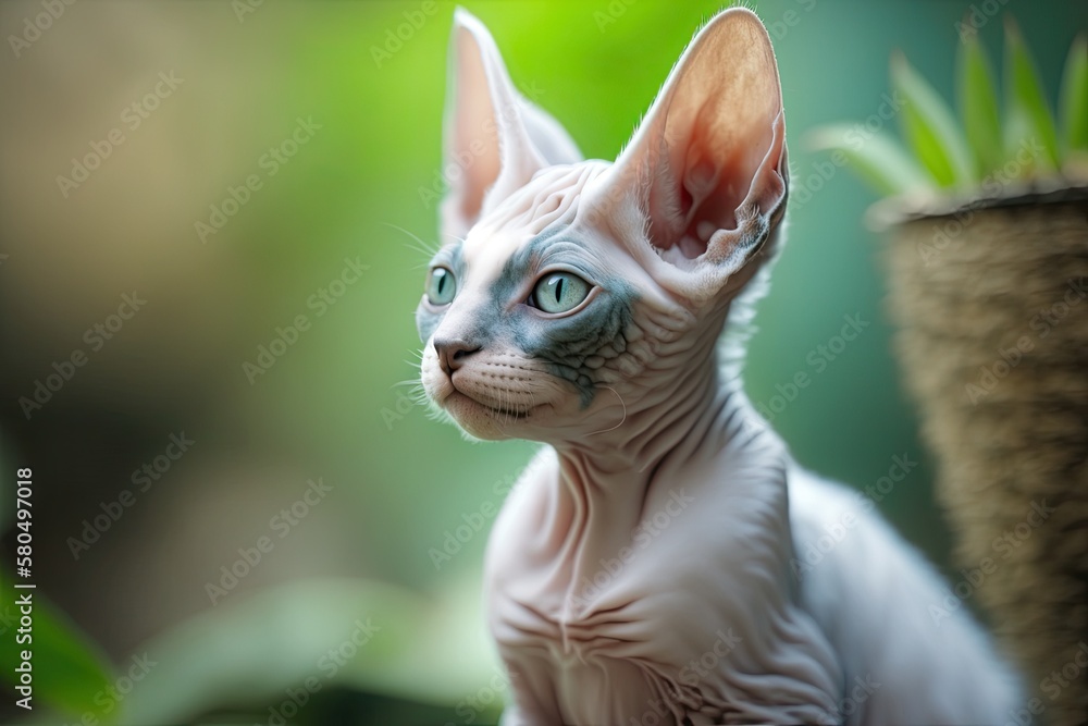 A picture of a beautiful blue and white Sphinx kitten that is purebred and is looking away. Picture of an animal outside on a bright summer day. Green forest background with a blurred look. The summer