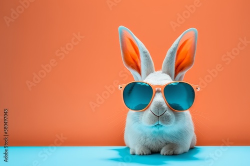 Abstract clip-art of White Rabbit wearing trendy sunglasses. Contemporary colourful background. Copy space. Summer minimalism. For posters, planners, web, landing page, illustration. AI image. © Maroubra Lab