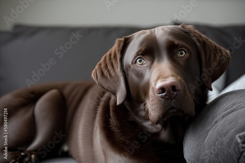 Portrait of a chocolate labrador retriever that is 18 months old and is lying on a grey sofa. Brown dog at home, being happy and funny. Close up, copy space. Generative AI