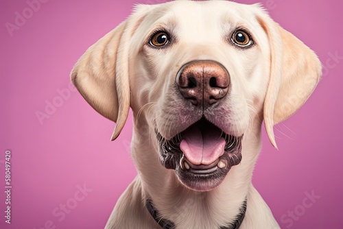 Portrait of a blond labrador retriever dog looking at the camera with its mouth open  seen from the front  on a pink background. Generative AI