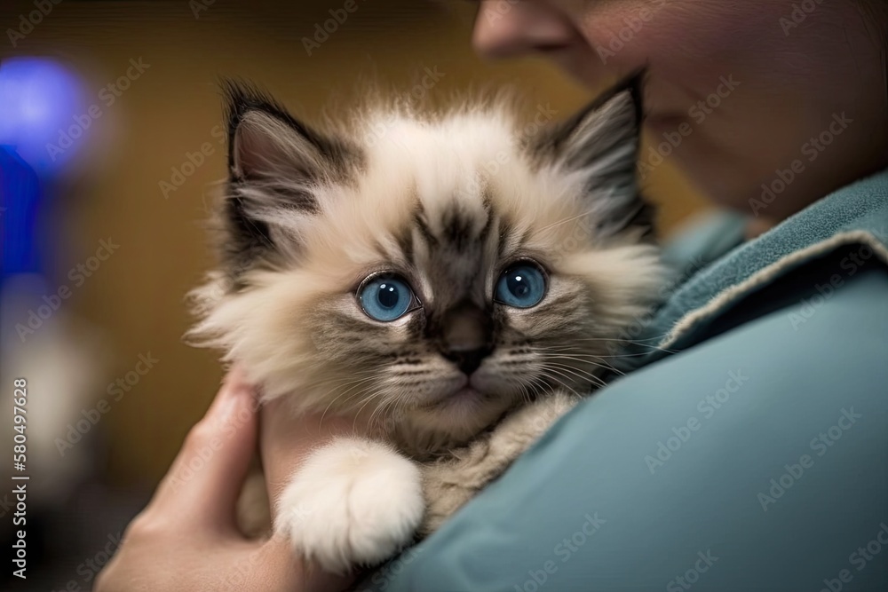 Fototapeta premium At a vet clinic, a woman vet holds a cute ragdoll kitten with beautiful blue eyes and checks it out. A picture of a fluffy purebred kitten getting care at an animal hospital. Generative AI