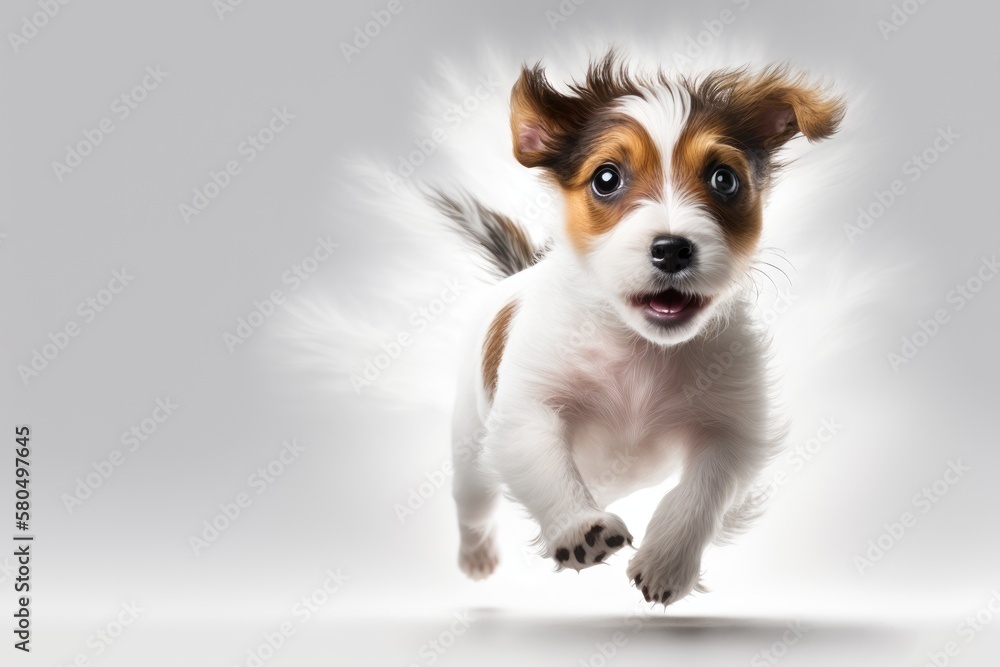 Portrait of a cute, playful Jack Russell Terrier puppy running, jumping, and barking against a white studio background. The idea of movement, beauty, a vet, a breed, pets, and animal life. Advertiseme