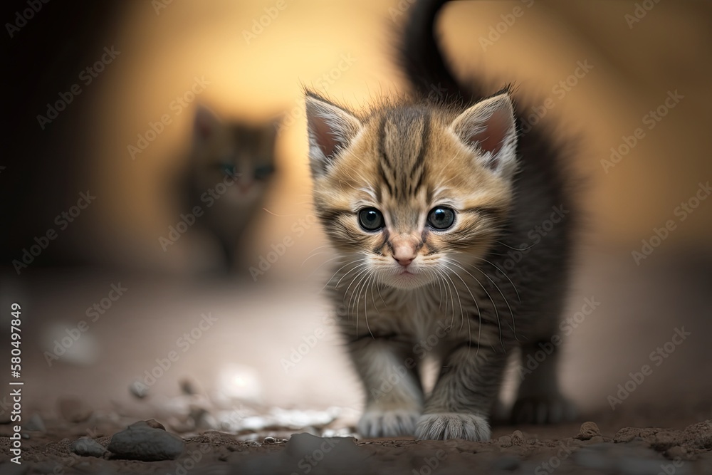 A close up picture of a cute little kitten walking slowly, sneaking up on something, keeping a sharp eye on it, and getting ready to attack. Animals that live in homes and young kittens. The idea of t A close up picture of a cute little kitten walking slowly, sneaking up on something, keeping a sharp eye on it, and getting ready to attack. Animals that live in homes and young kittens. The idea of t