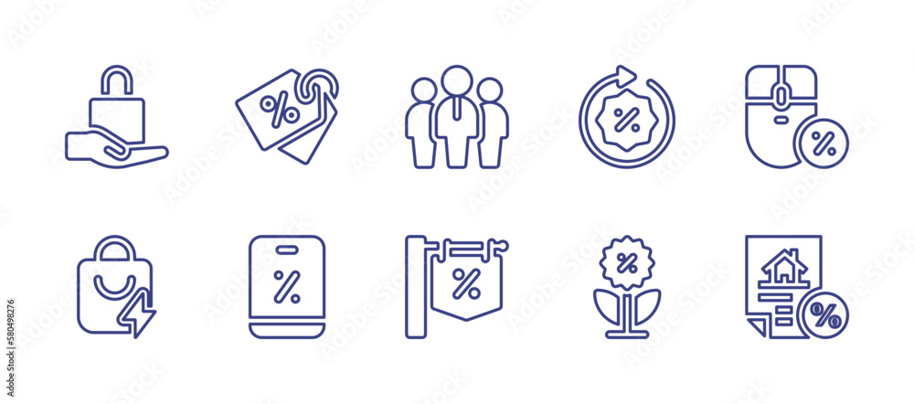 Sales line icon set. Editable stroke. Vector illustration. Containing shopping bag, sale, team leader, sales, computer mouse, flash sale, discount.
