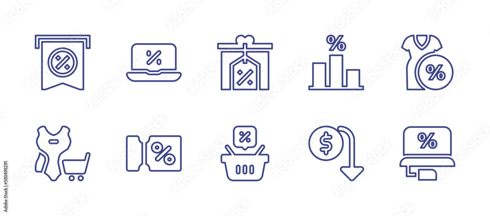 Sales line icon set. Editable stroke. Vector illustration. Containing sale, laptop, discount, dress, coupon, shopping basket, down arrow, online.