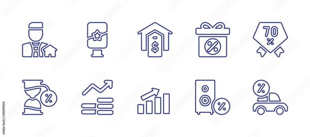 Sales line icon set. Editable stroke. Vector illustration. Containing real estate agent, billboard, house, gift, percent, sale time, graph, revenue, speaker, car loan.