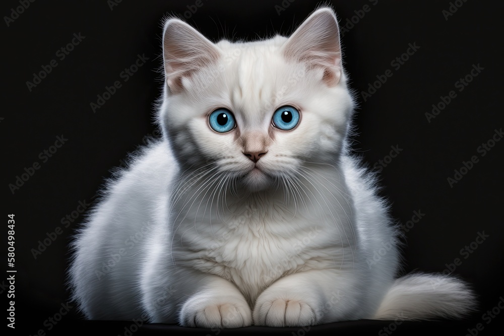 Adorable breed from Britain Front view of a white cat with blue eyes sitting and looking at the camera on a black background. Generative AI