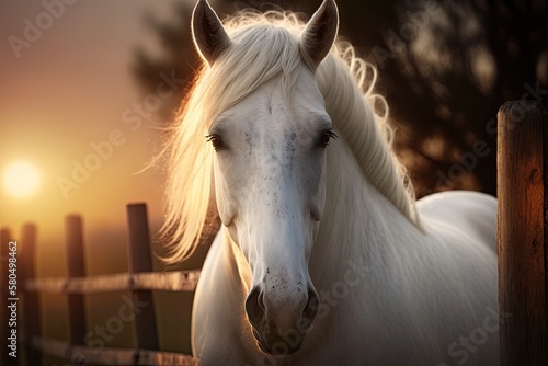 A picture of a white horse with a white mane. A picture of a horse in the sun at sunset. Farm animals. At sunset, a white horse is in a paddock. horse walks in a street paddock. Having horses and rais photo