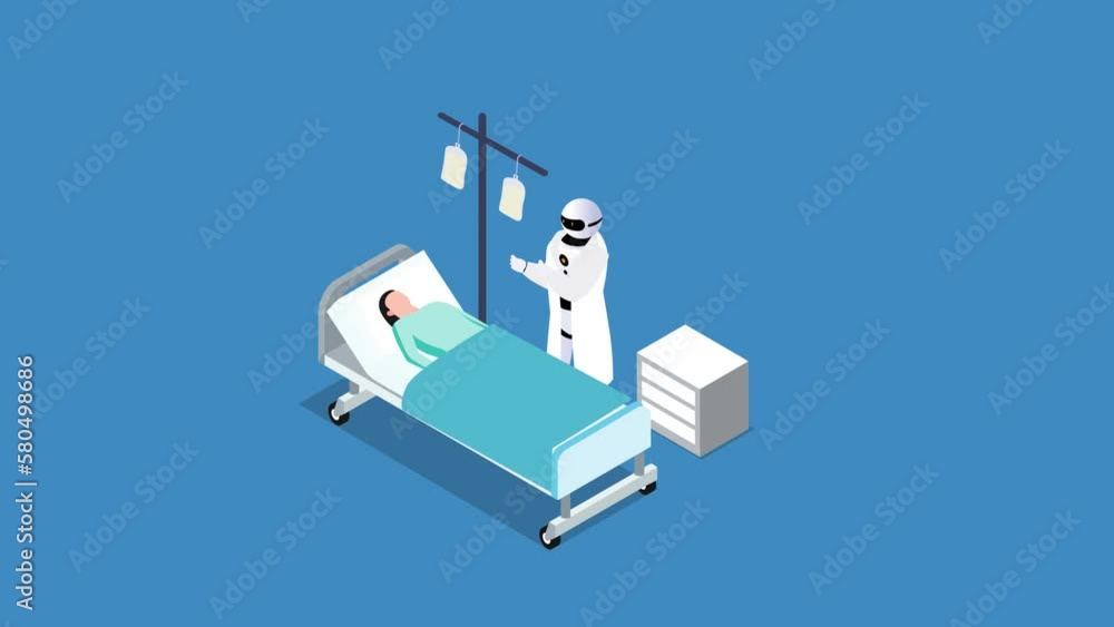 robot doctor visiting woman patient lying in bed robot doctor visiting woman patient lying in bed