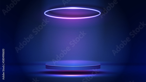 Podium or stand with line gradient neon in Sci-fi. abstract scene with pink and blue neon frame. vector rendering product display. futuristic minimal scene. vector design.
