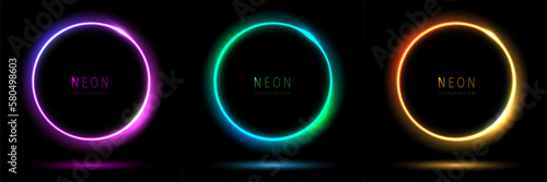 Gradient neon circle frame. collection of round glowing neon lighting on dark background with copy space. graphic element for social media stories. vector design.