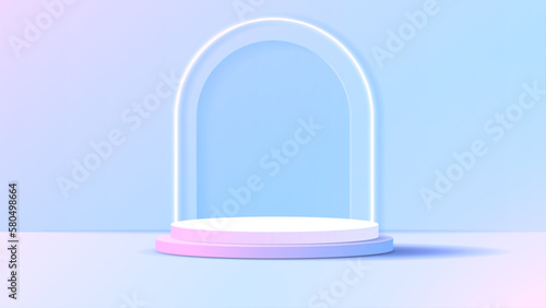 Display podium or stand with blue and pink gradient for product presentation in pastel colors room. minimal style ideal for presentation product platform, advertisement, package showing. vector.
