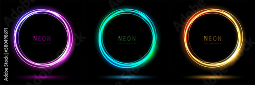 Gradient neon circle frame. collection of round glowing neon lighting on dark background with copy space. graphic element for social media stories. vector design.