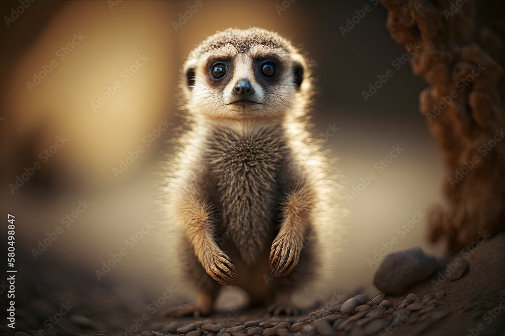 Fototapeta premium Beautiful small meerkat stands on its back legs and looks into the camera. Generative AI