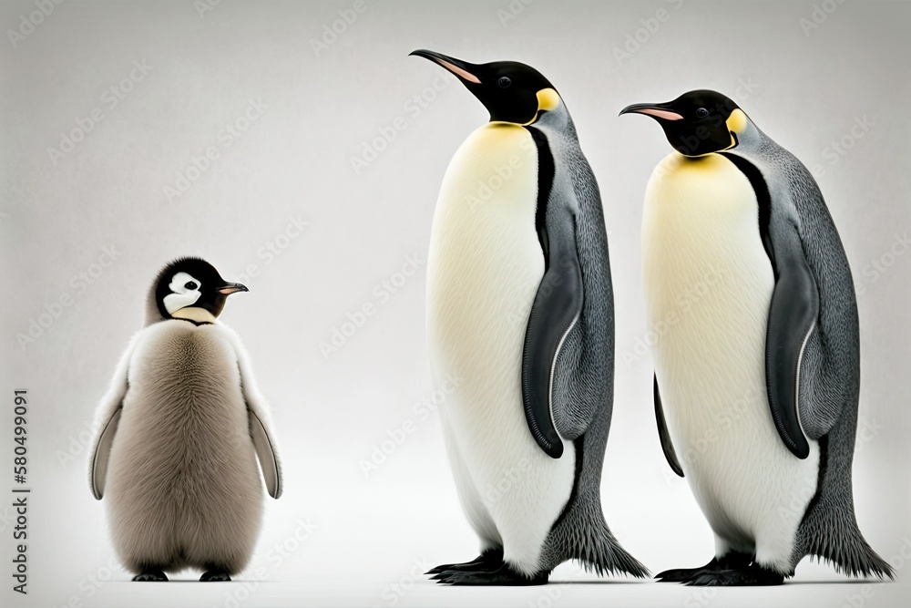 Fototapeta premium Emperor penguins and their young, standing alone against a white background. Help save Antarctica. Generative AI