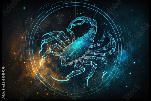 zodiac sign scorpion, magic circle galaxy universe stars astronomy astrology, fantasy dream elements, generative ai photo