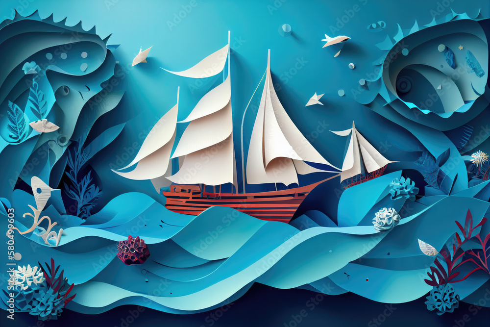 Paper cut style, sailing ship across the strait.
