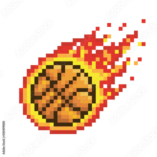 Illustration basketball ball on red fire, sport pixel art