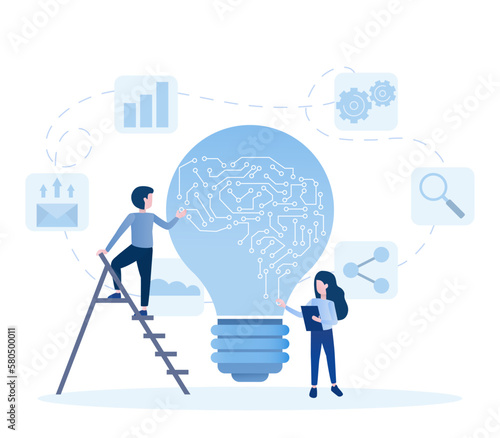 Business people brainstorming AI concepts. The goal of the brainstorming process is to generate a list of potential AI ideas that align with the business's goals and objectives. Vector illustration.