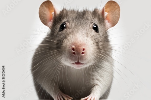 Portrait of an interested gray rat on a white background. Generative AI