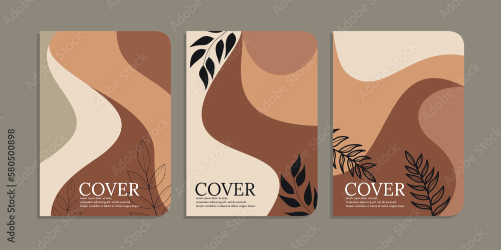 set of book cover template with hand drawn foliage decorations. abstract retro botanical background.size A4 For notebooks, diary, invitation, planners, brochures, books, catalogs