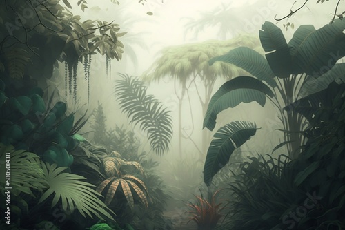 Image of tropical trees and leaves in foggy forest.