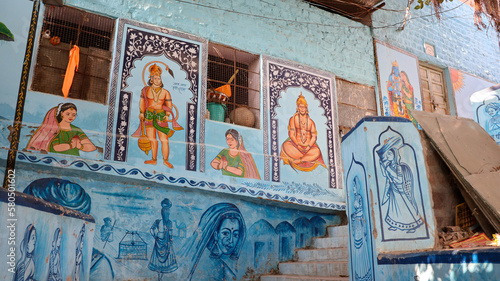 Jodhpur, Rajasthan, India 12th March 2023: Visuals of Jodhpur Narrow streets the Blue City of India. Traditional art and architectural patterns. Popular tourist city in India. Neeli gali or Pachetiya.