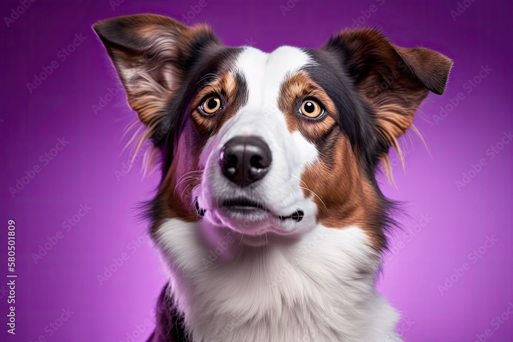 Studio shot of a portrait of a beautiful dog on a purple background. Focus on a funny pet. Pet Lover concept . Pets indoors. Pet care and the idea of animals. point of view from the front. Generative