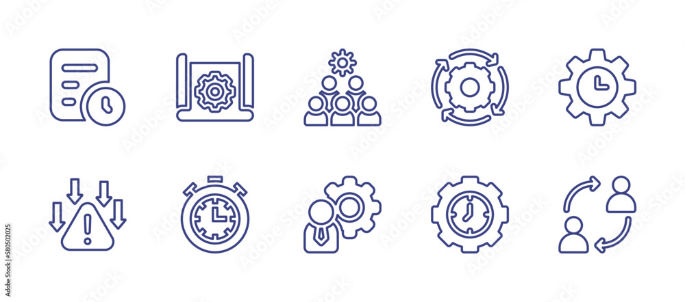 Management line icon set. Editable stroke. Vector illustration. Containing project plan, scheme, team, running, time management, risk, management, change.