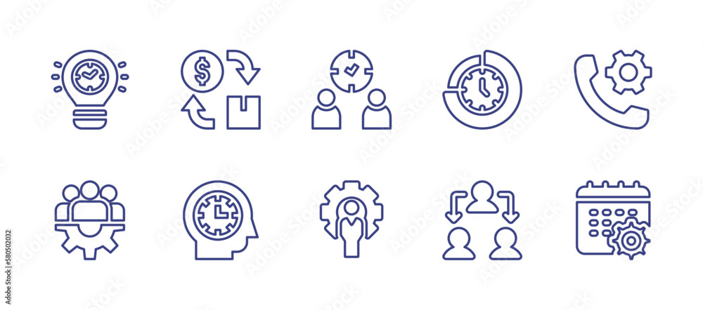 Management line icon set. Editable stroke. Vector illustration. Containing bulb, cash flow, time management, call, team, efficiency, manager, team management, calendar.